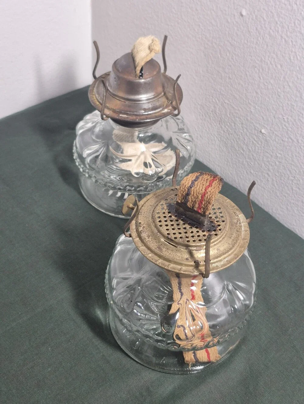 Pair of Vintage Glass Eagle Oil Lamps with Wicks